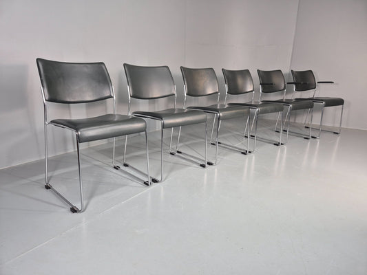 6 Leather Stacking Chairs Brunner Linos Dark Green Chrome Modern EB11735 MSTA0
