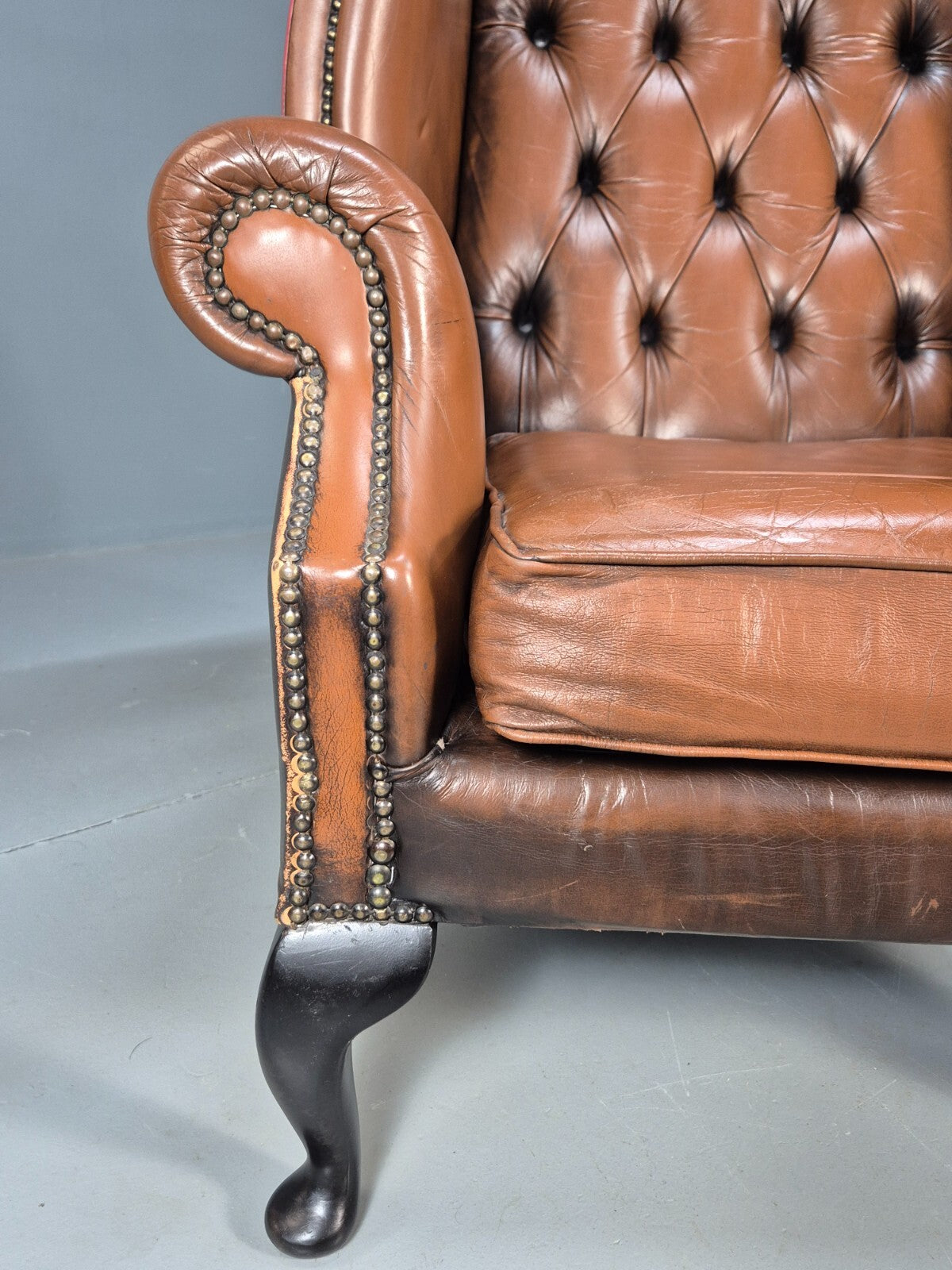 Vintage Leather Wingback Queen Anne Chair Brown 1980s Retro EB9543 VLEA - UKDK FURNITURE