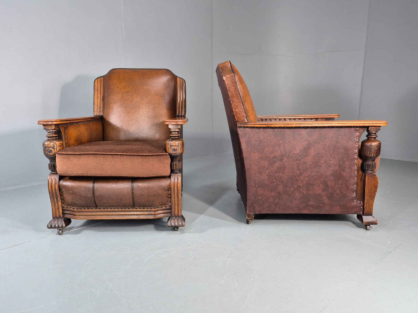 2 Edwardian Lounge Chairs Baroque Oak Frame Rexine and Velour EB11264 VLEA11