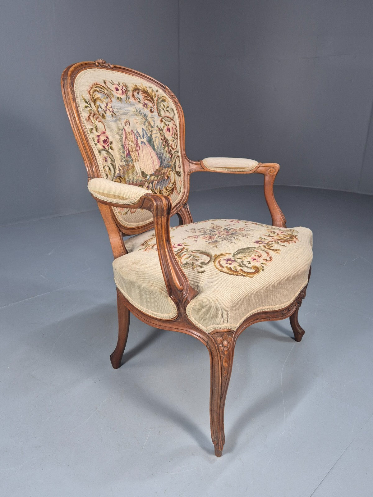 Antique Danish Lounge Chair Embroidered Lovers Tapestry French Style EB9637 VCAR - UKDK FURNITURE