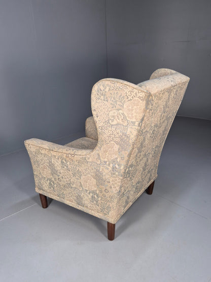 Vintage Danish Wingback Armchair Cream Grey Abstract Print Retro EB9695 MNOR - UKDK FURNITURE
