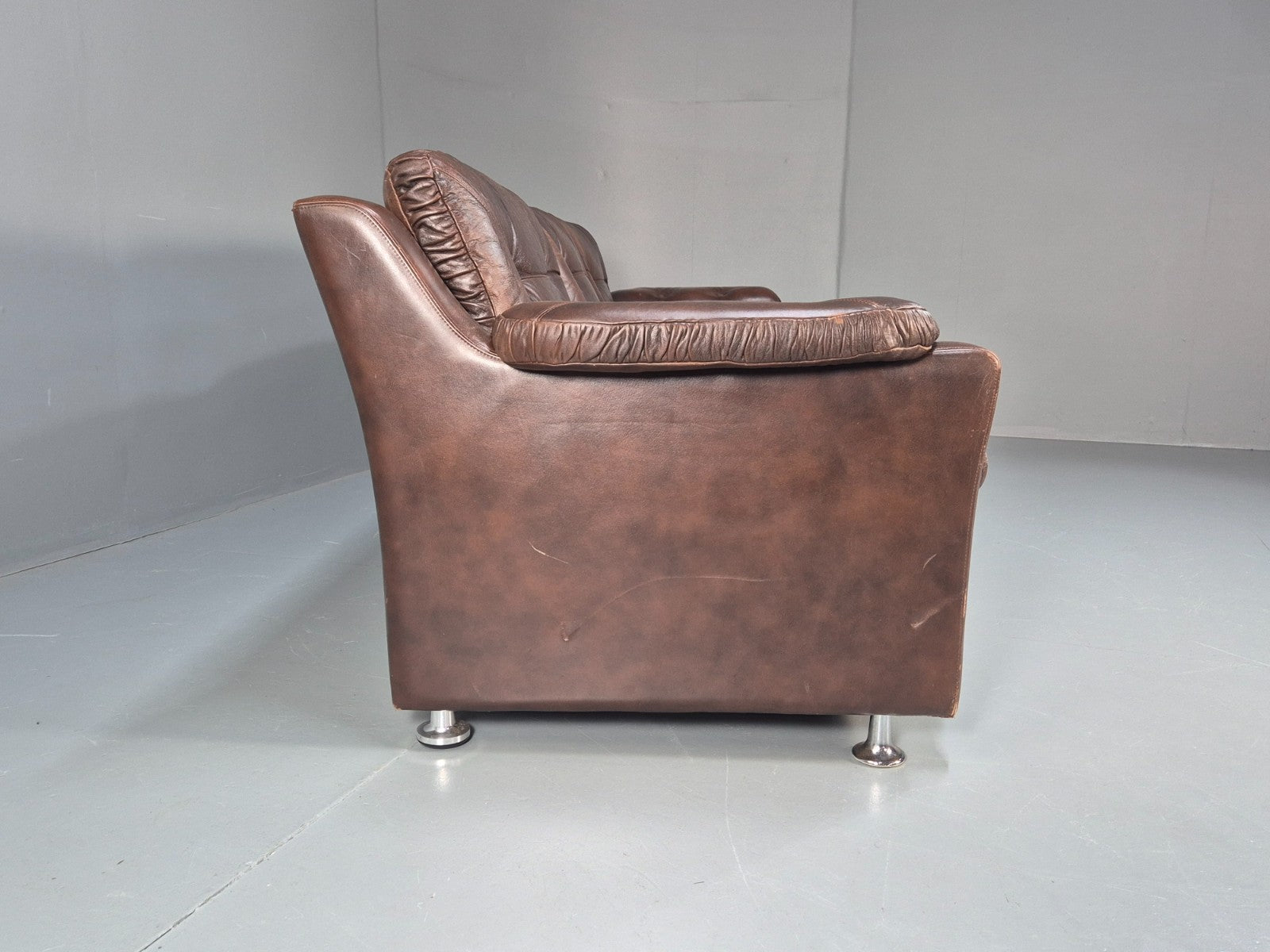 1970s Three Seat Retro Sofa Danish Brown Leather Vintage  EB10687 V3SS12
