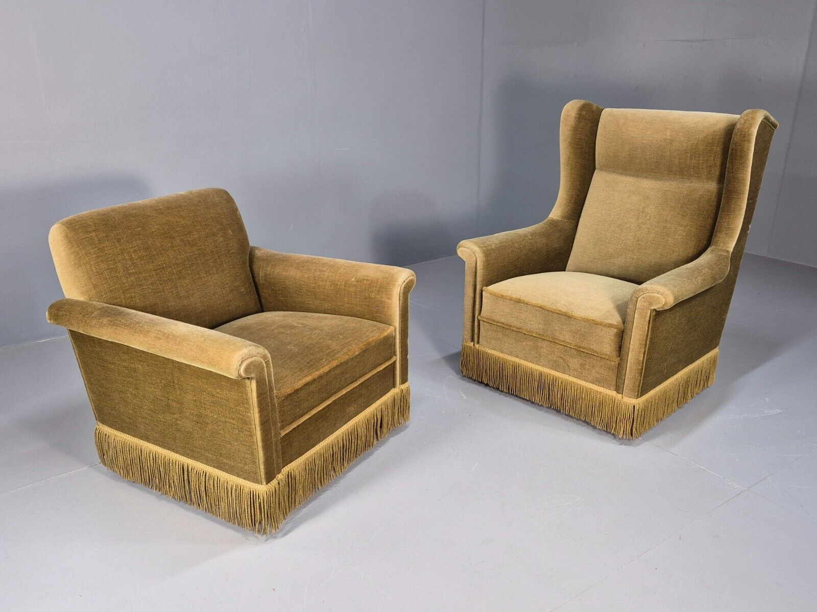 2 High and Low Back Danish Midcentury Chairs Green Velour Tassels EB8968 MNOR - UKDK FURNITURE