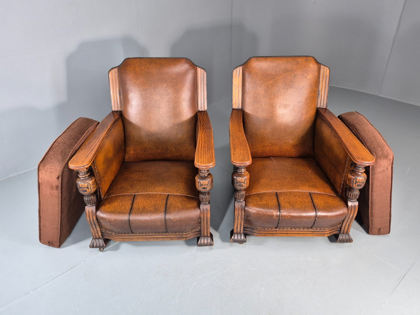 2 Edwardian Lounge Chairs Baroque Oak Frame Rexine and Velour EB11264 VLEA7