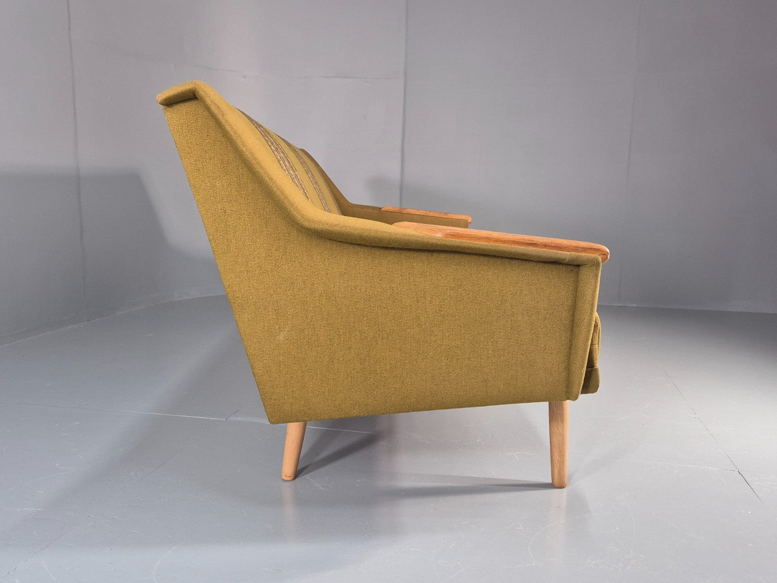 Vintage Three Seater Settee Danish Wool Oak Details 1970s Retro EB11359 M3SS11