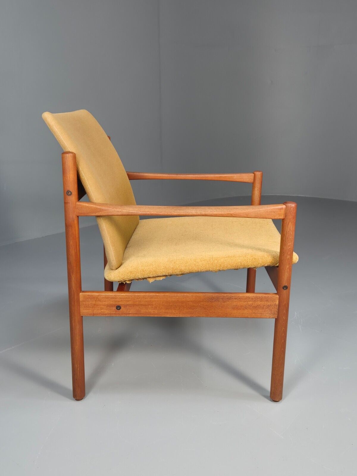 Vintage Danish Lounge Chair Yellow Cotton Teak 1960s Retro MCM EB8762 MNOR - UKDK FURNITURE