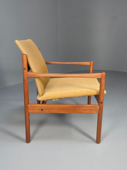 Vintage Danish Lounge Chair Yellow Cotton Teak 1960s Retro MCM EB8762 MNOR - UKDK FURNITURE
