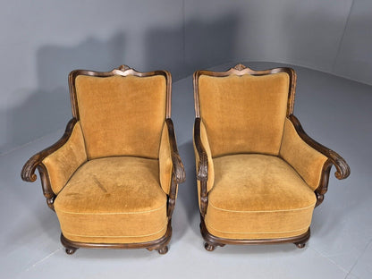2 Vintage Danish Antique Chairs Gold Velour 1930s Carved Wood EB8969 VCLO - UKDK FURNITURE