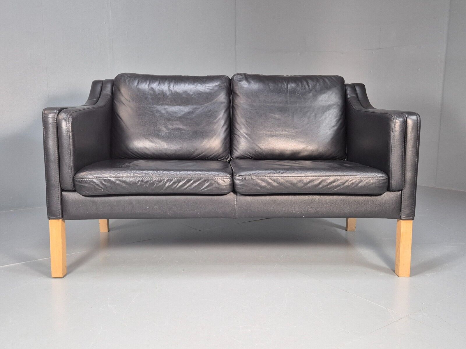 Vintage Danish 2 Seat Sofa Black Leather Mogensen Style Retro MCM EB8615 M2SS - UKDK FURNITURE