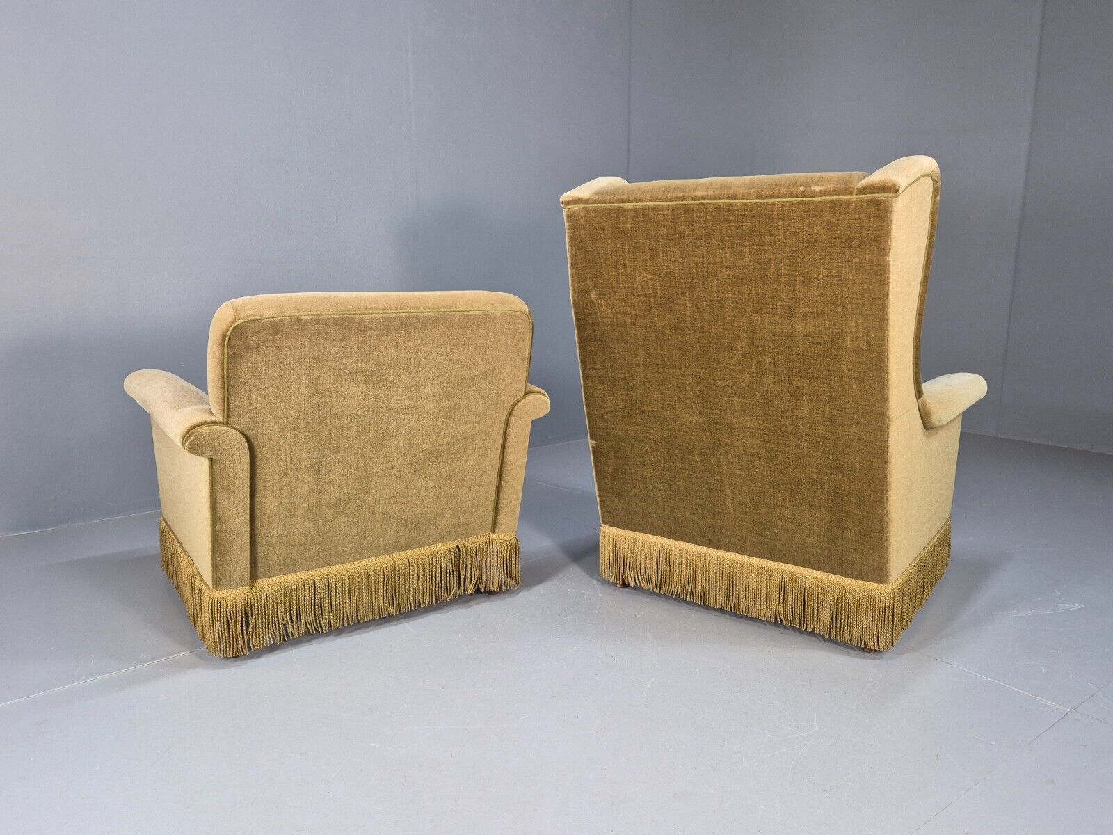2 High and Low Back Danish Midcentury Chairs Green Velour Tassels EB8968 MNOR - UKDK FURNITURE