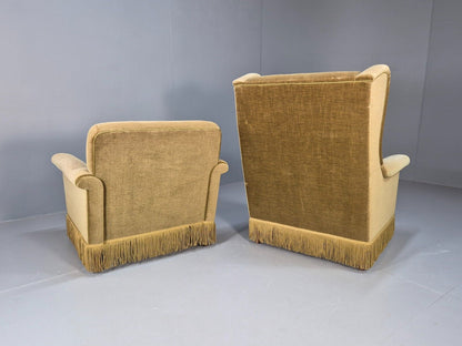 2 High and Low Back Danish Midcentury Chairs Green Velour Tassels EB8968 MNOR - UKDK FURNITURE