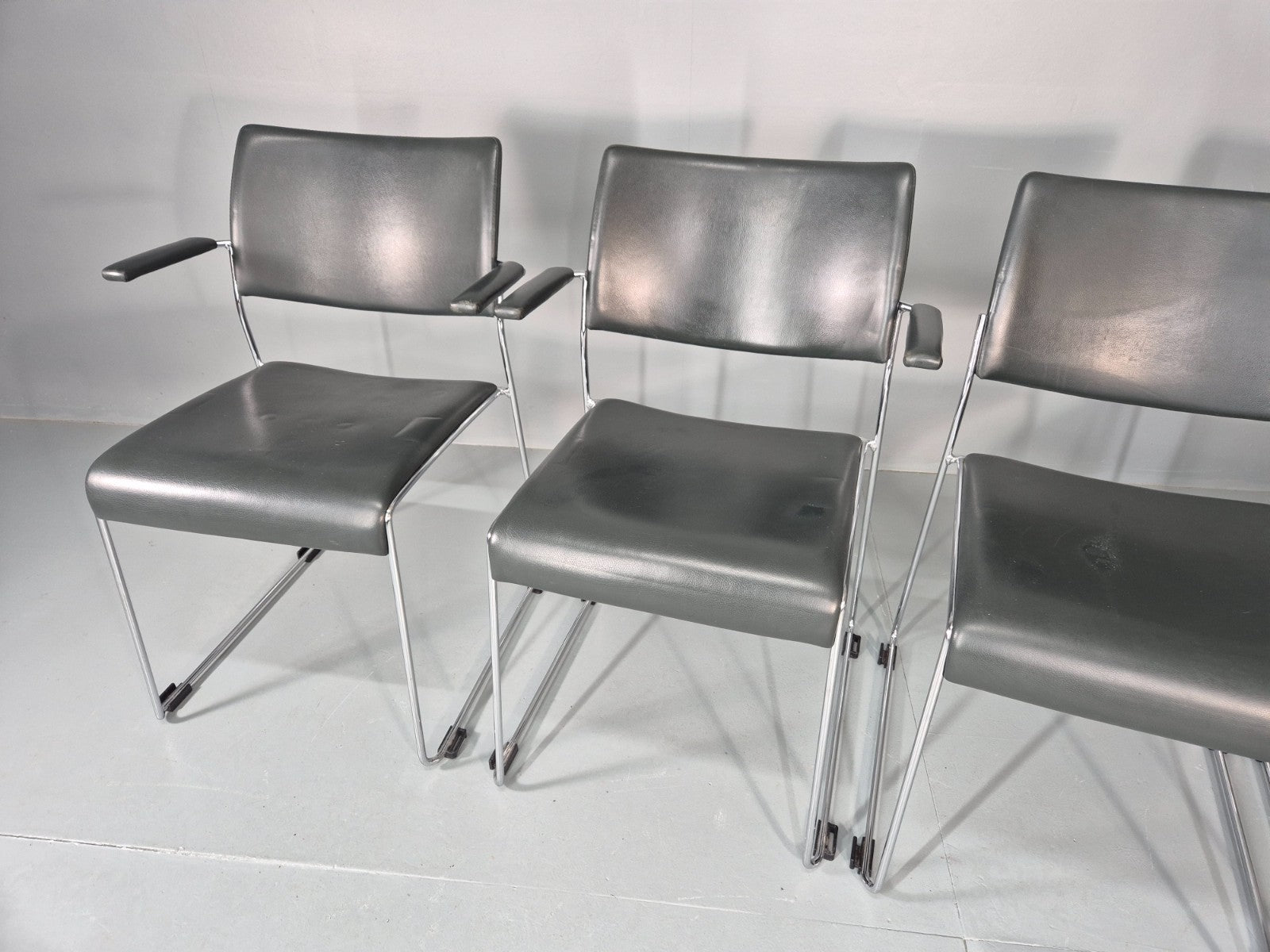 6 Leather Stacking Chairs Brunner Linos Dark Green Chrome Modern EB11736 MSTA11