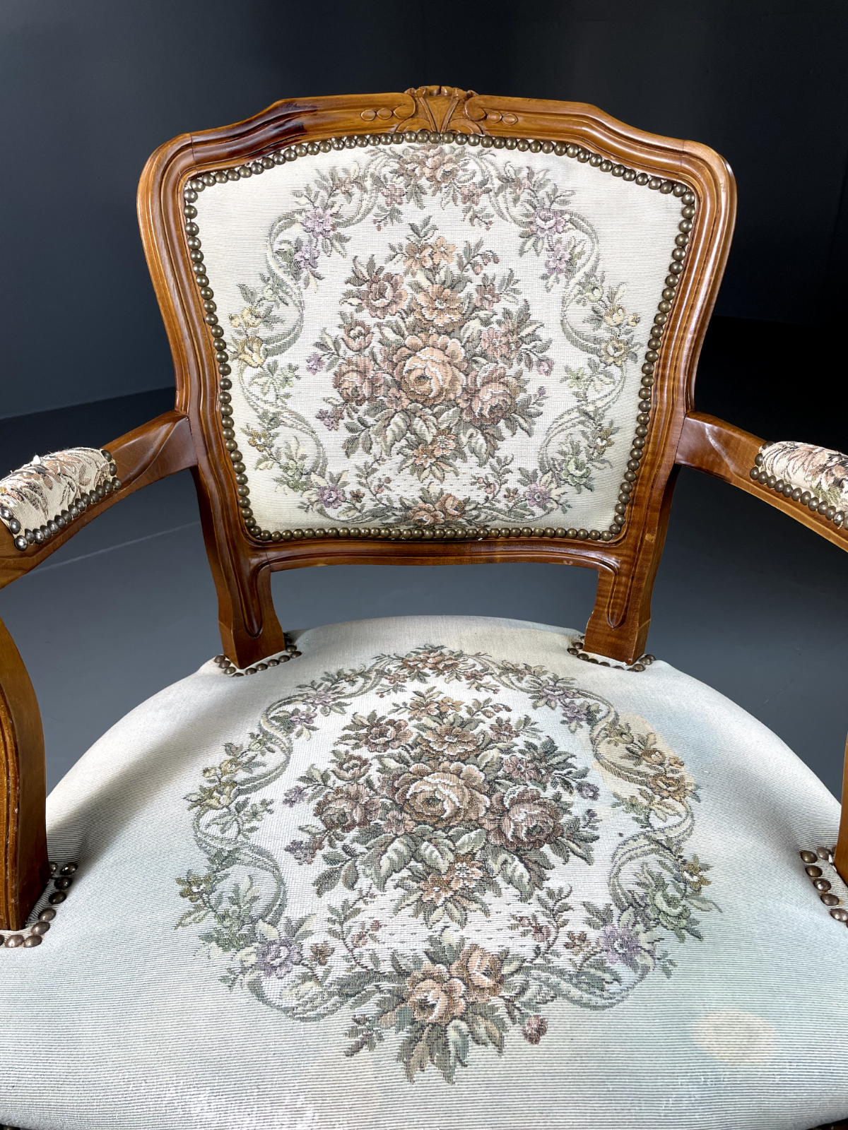 Vintage Danish Louis Style Fauteuil Chair, Embroidered Upholstery, EB5580 VCLO - UKDK FURNITURE