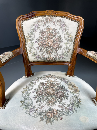 Vintage Danish Louis Style Fauteuil Chair, Embroidered Upholstery, EB5580 VCLO - UKDK FURNITURE