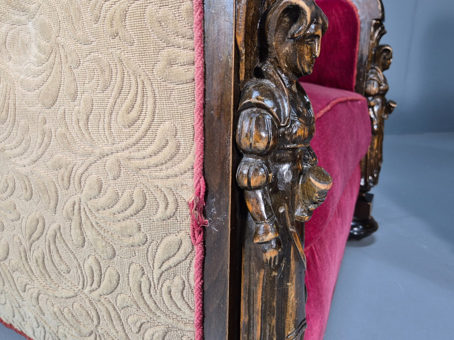 Art Deco Style Armchairs Pair Carved Oak Figures Creme Red Velour EB9586 VCAR - UKDK FURNITURE