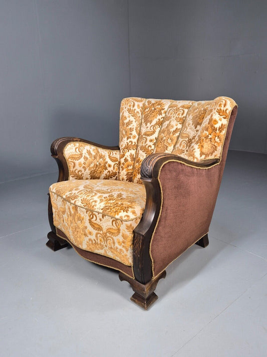 Vintage Danish Lounge Chair Oranges and browns Carved Wood 1950s EB8931 VCLO - UKDK FURNITURE