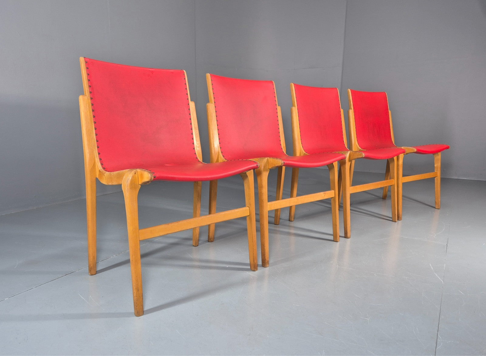 4 Stacking Lounge Chairs 1950s Swedish Red Beech Mid Century Retro EB11102 MDIN1