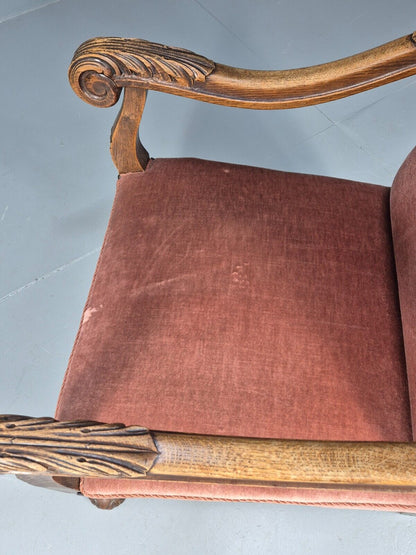 Vintage Danish Lounge Chair Pink Peach Velour Oak 17th Century Style EB8985 VCLO - UKDK FURNITURE