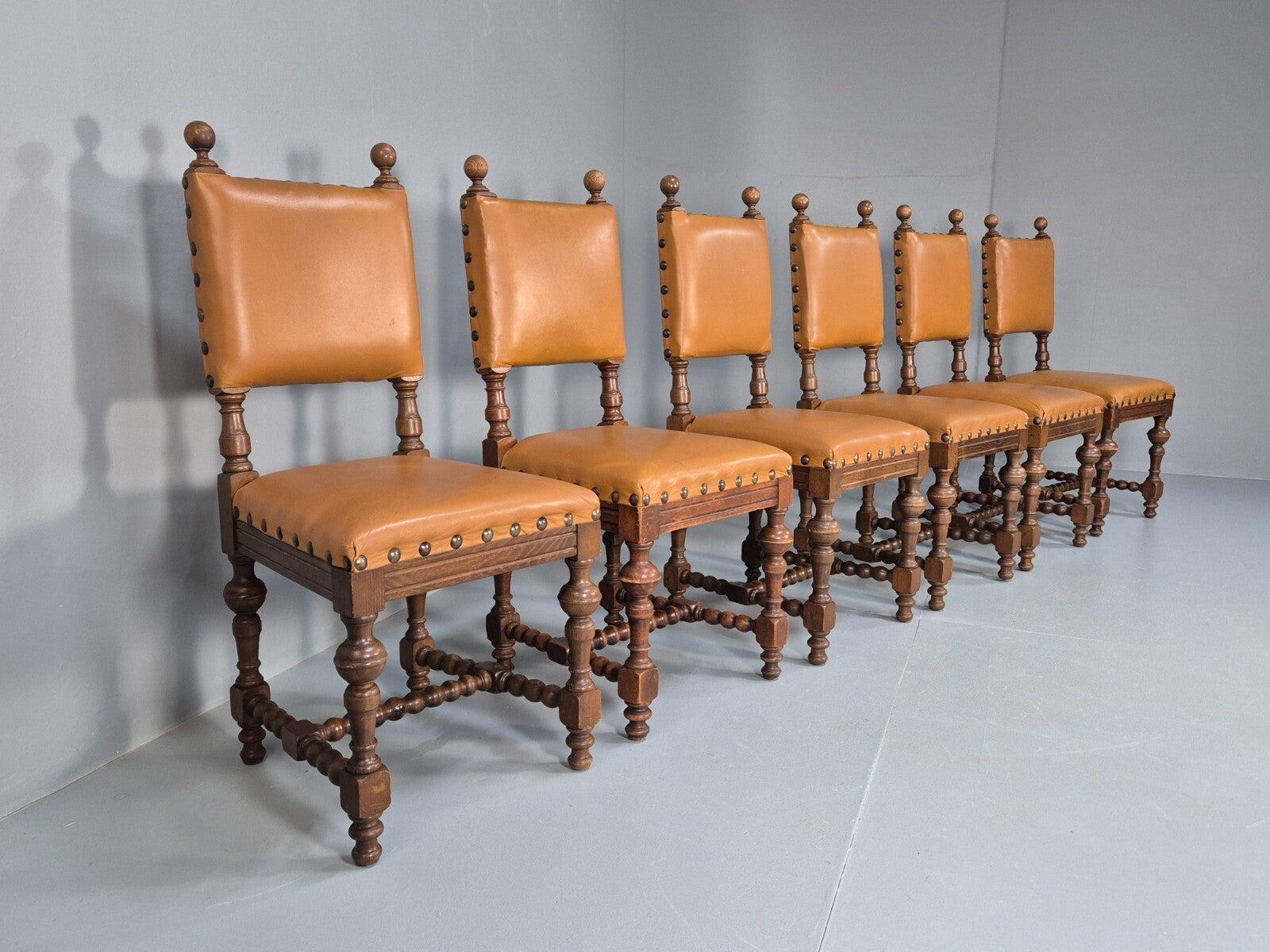 6 Vintage Danish Baroque Style Dining Chairs Oak and Tan Leather EB9649 VDIN - UKDK FURNITURE