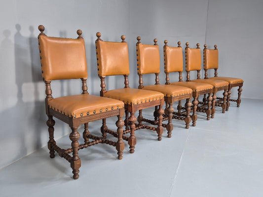 6 Vintage Danish Baroque Style Dining Chairs Oak and Tan Leather EB9649 VDIN - UKDK FURNITURE