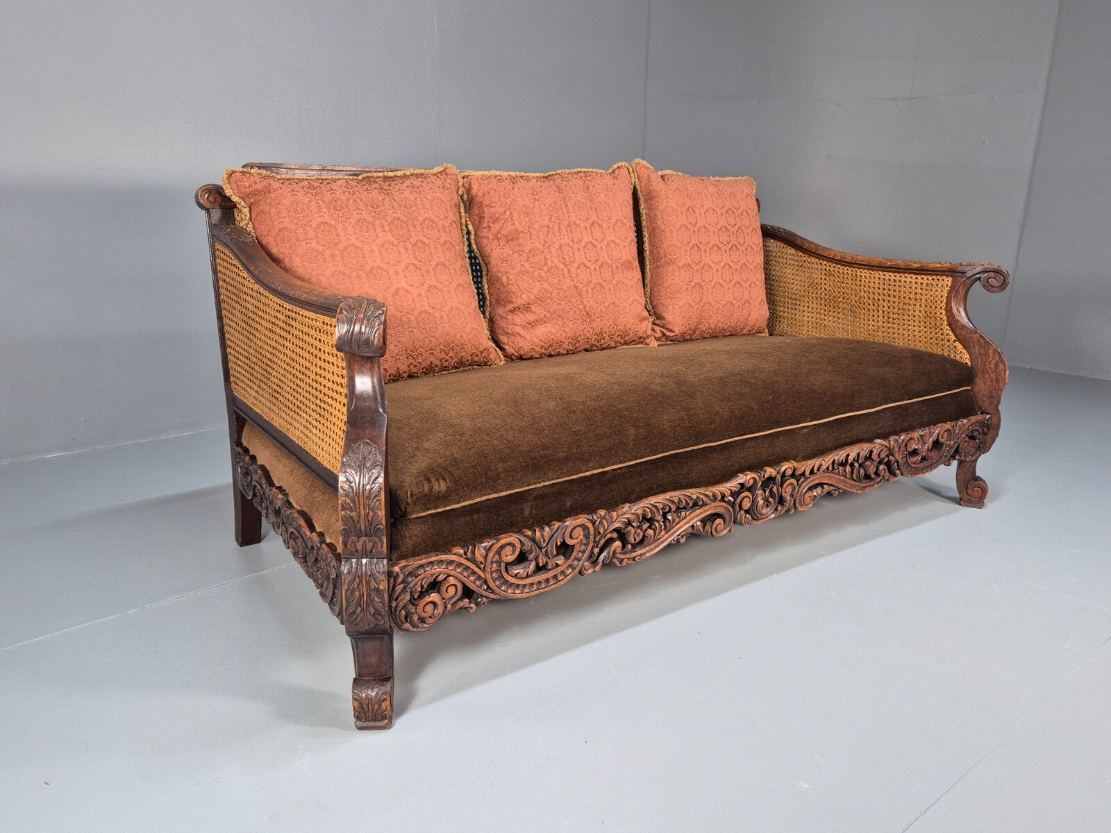 Vintage Danish 1920s Carved Oak Sofa Bergere Brown Velour Antique EB9544 V3SS - UKDK FURNITURE