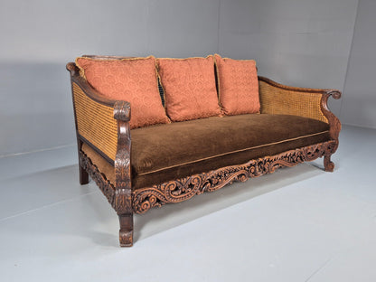 Vintage Danish 1920s Carved Oak Sofa Bergere Brown Velour Antique EB9544 V3SS - UKDK FURNITURE