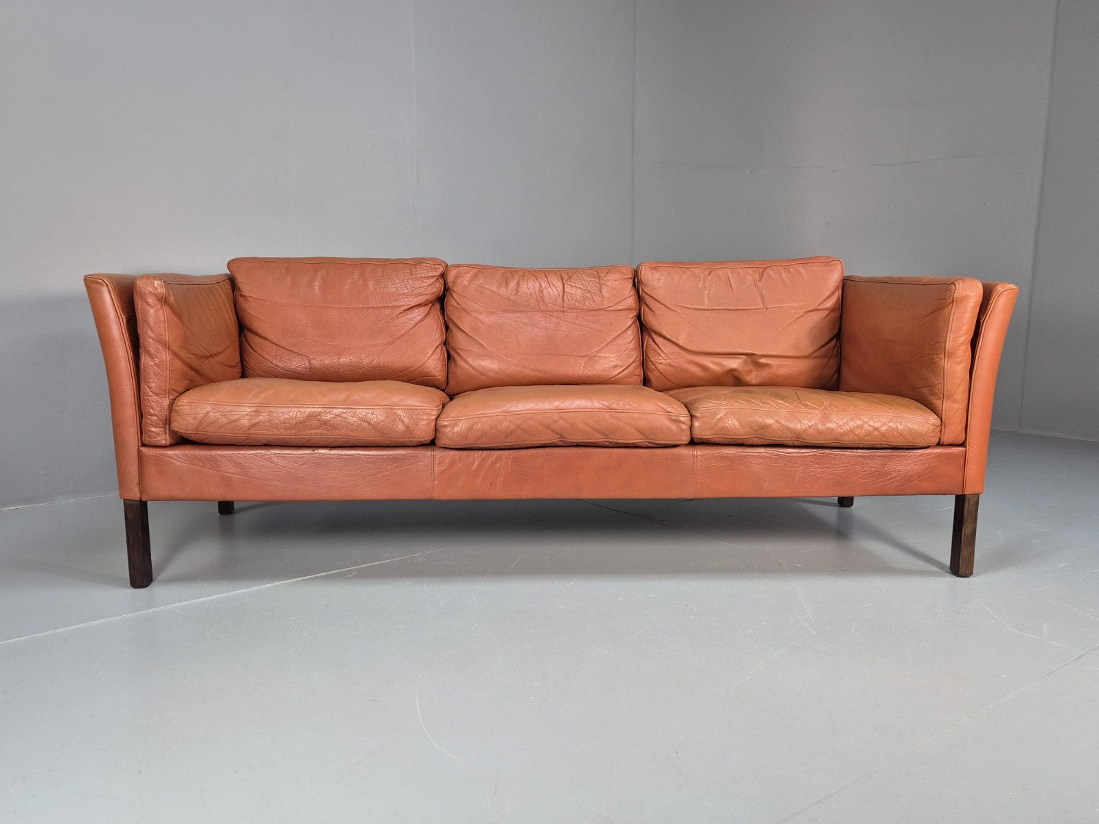 Retro Tan Leather Three Seater Sofa Vintage Danish Mid Century 1970 EB10078 M3SS5
