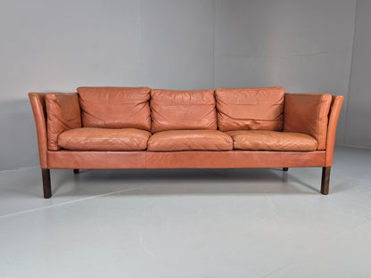 Retro Tan Leather Three Seater Sofa Vintage Danish Mid Century 1970 EB10078 M3SS5