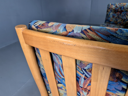 3 Seat Sofa Vintage Danish Blue Floral Beech Frame 1980s Retro EB7279 M3SS12