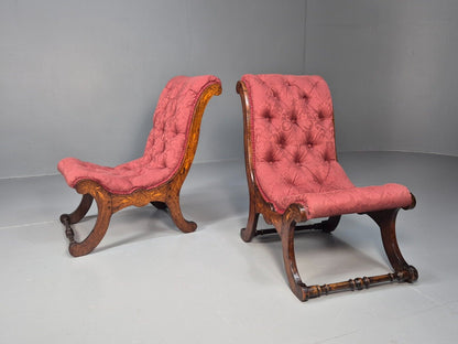2 Vintage Slipper Chairs Pink Cotton Rosewood Inlay Antique EB8874 VCLO - UKDK FURNITURE