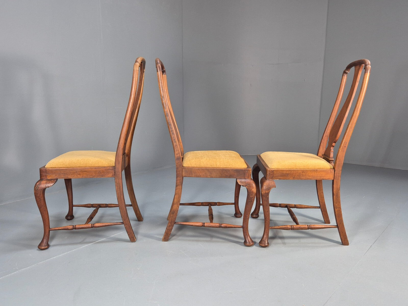 3 Walnut Queen Anne Style Dining Chairs Cabriole Pad Feet Splat Back EB9699 VDIN - UKDK FURNITURE