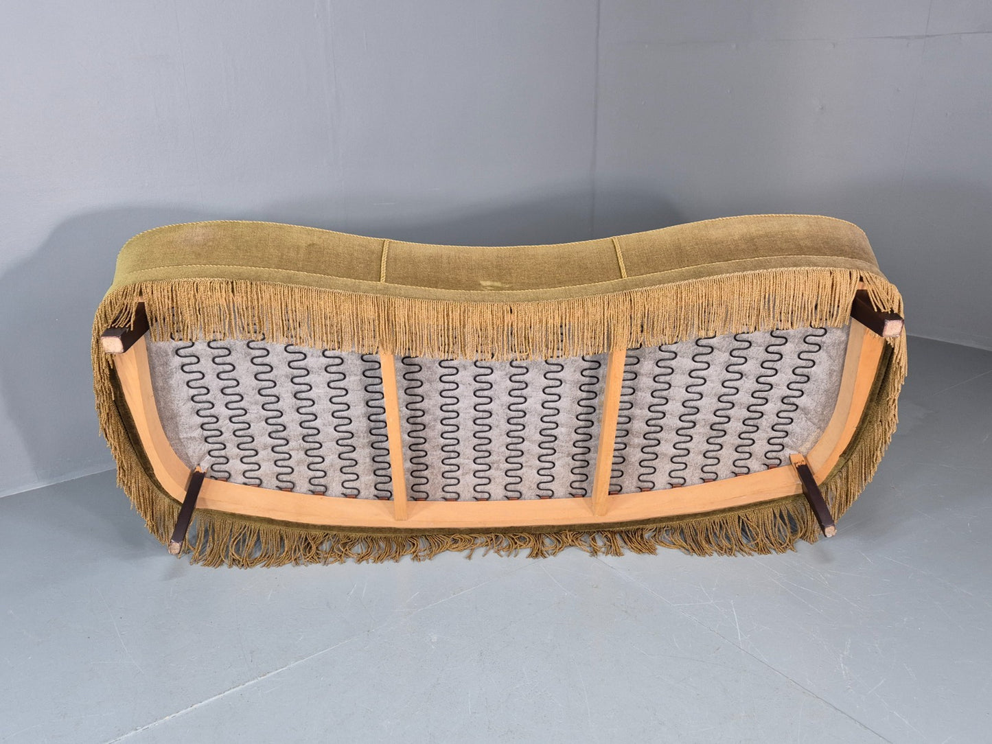 Vintage Danish  Banana Sofa Green Velour Tassels 1960s Retro MCM  EB10802 V3SS7