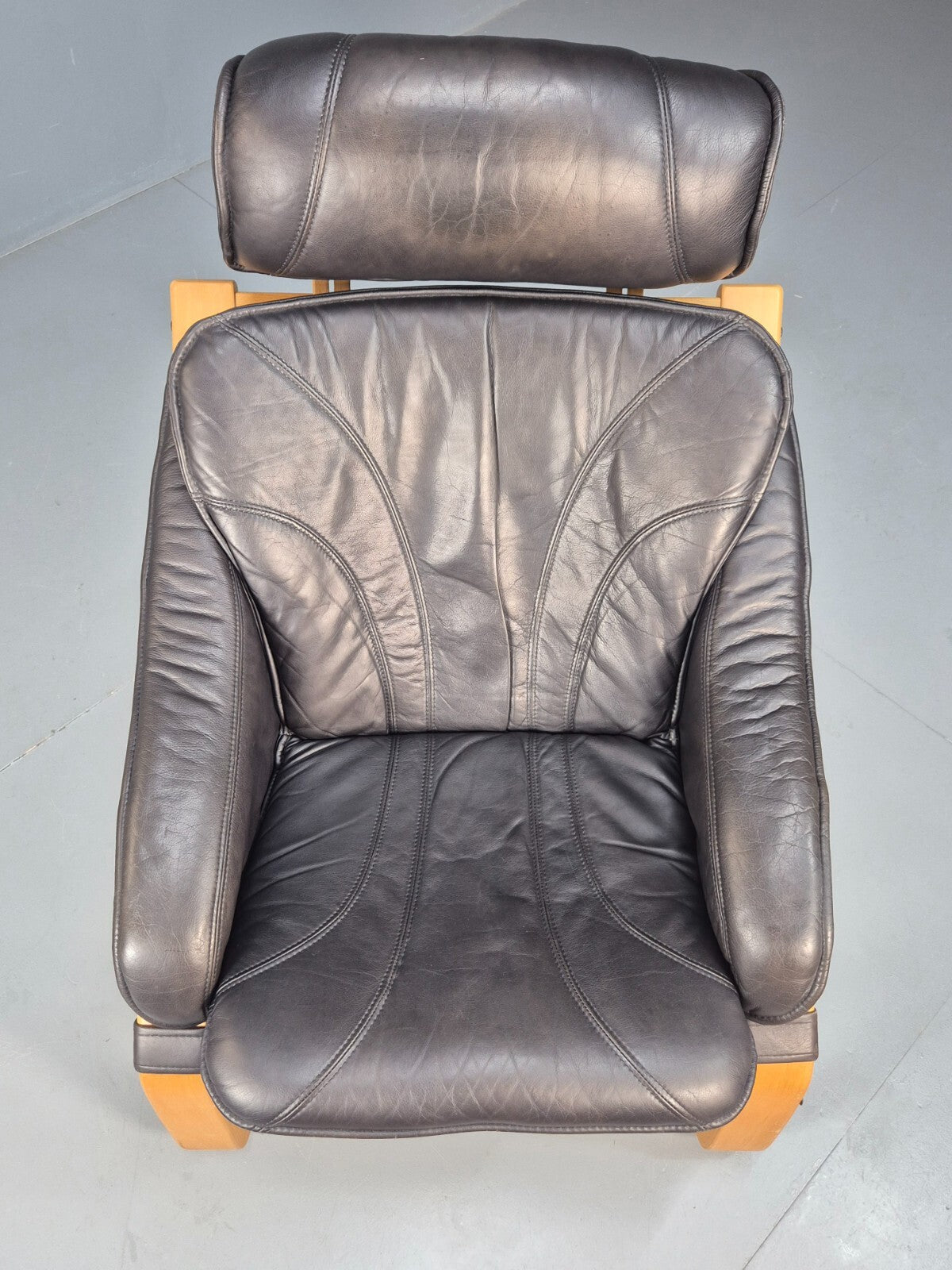 Vintage Black Leather Armchair Blonde Bentwood 1980s Danish MCM EB9256 MBEN10