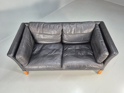 Vintage Danish 2 Seat Sofa Black Leather 1980s Retro MCM EB8696 M2SS - UKDK FURNITURE