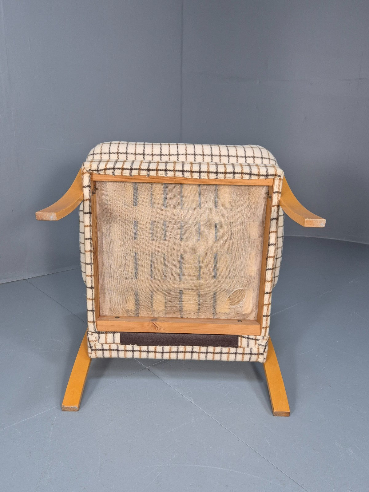 Vintage Bentwood Lounge Chair Danish Cream Wool Check 1980s Retro EB10334 MBEN17