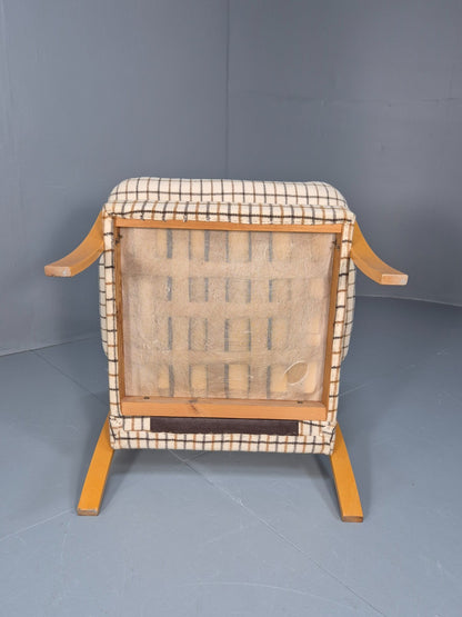 Vintage Bentwood Lounge Chair Danish Cream Wool Check 1980s Retro EB10334 MBEN17