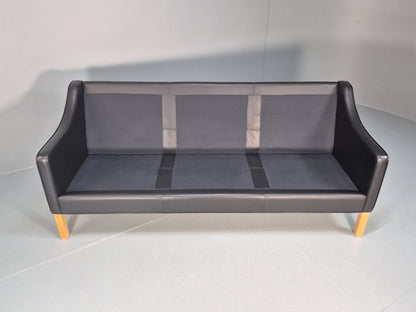 Vintage Hurup Danish 3 Seat Black Leather Sofa Mogensen 1980s Retro EB9966 M3SS6