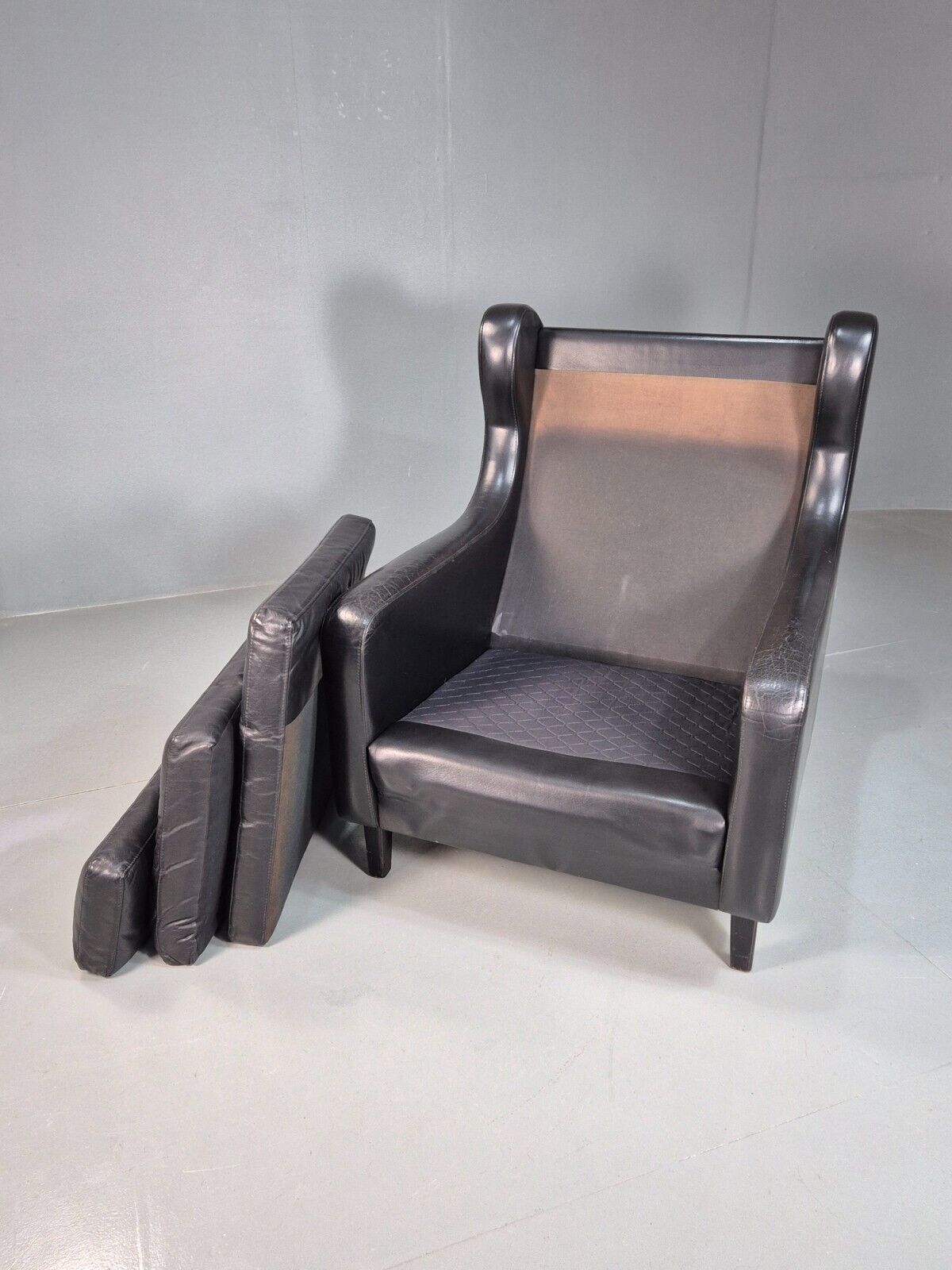 Vintage Danish Lounge Chair Black Leather Wingback 1970s Retro MCM EB8237 MNOR - UKDK FURNITURE