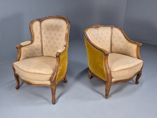 High and Low Back Danish Antique Rococo Style Lounge Chairs Damask EB9036 VCLO - UKDK FURNITURE