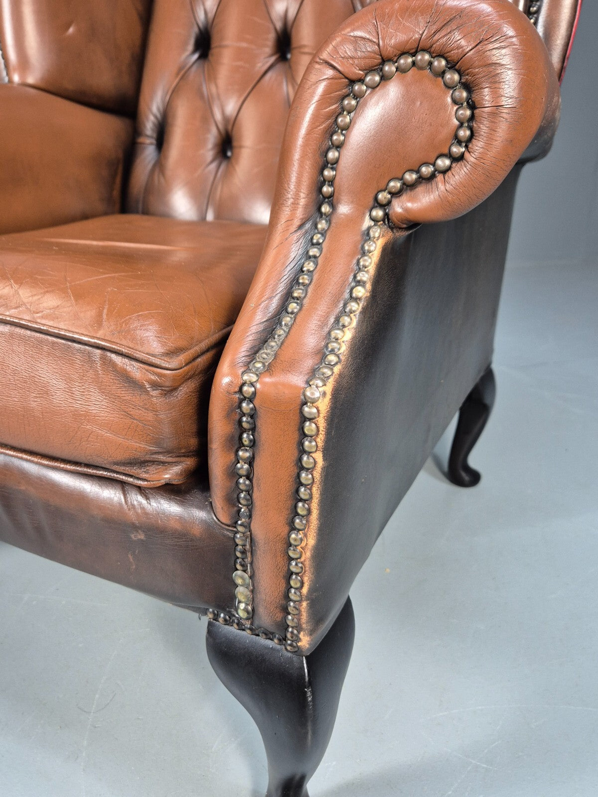 Vintage Leather Wingback Queen Anne Chair Brown 1980s Retro EB9543 VLEA - UKDK FURNITURE