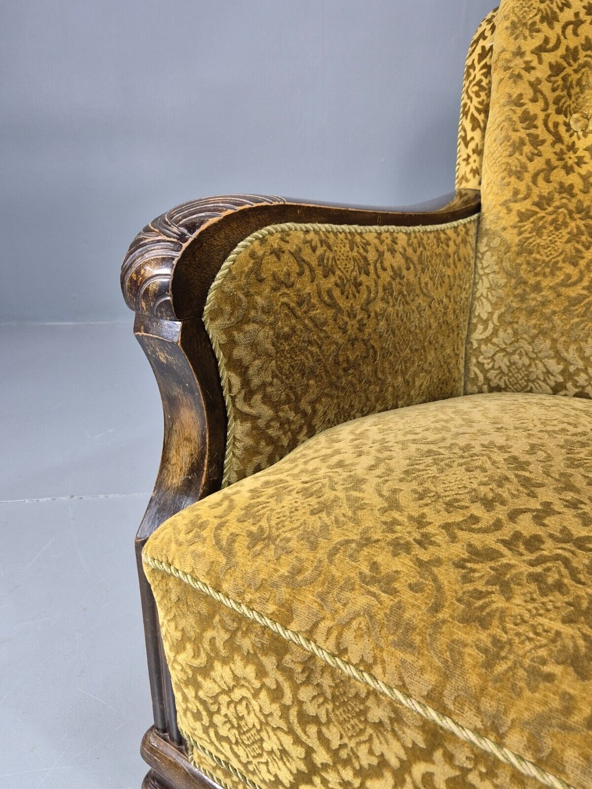 Vintage Danish Lounge Chair Gold Moquette Wood Frame 1920s Art Deco EB8975 VCLO - UKDK FURNITURE