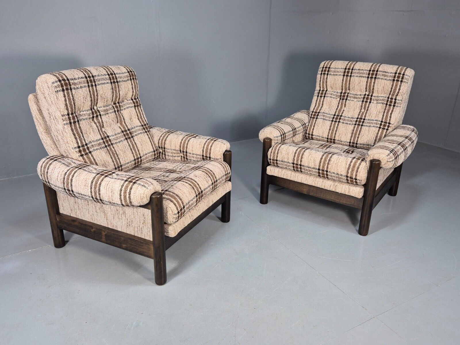 2 Vintage Danish Lounge Chair Brown and Cream Wool Retro 1970s MCM EB8494 MNOR - UKDK FURNITURE