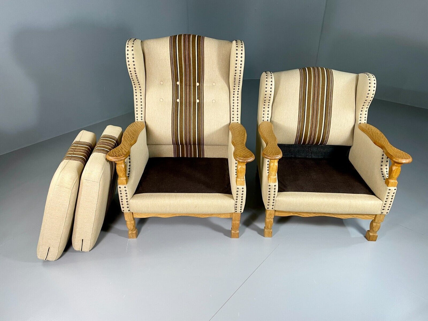 EB6491 Vintage Danish Pair of Armchairs Oak Frame Cream and Brown Fabric VCLO - UKDK FURNITURE