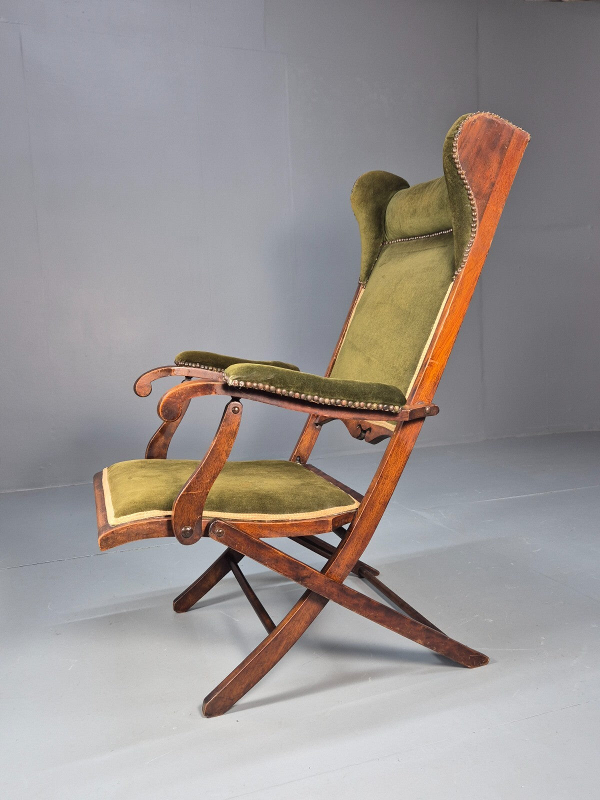 Antique Campaign Chair in Green Velour and Mahogany Victorian EB9696 VCLO - UKDK FURNITURE