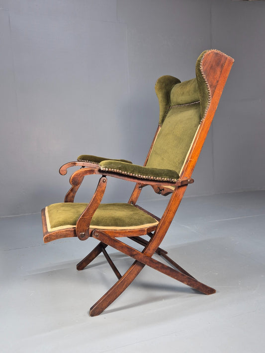 Antique Campaign Chair in Green Velour and Mahogany Victorian EB9696 VCLO - UKDK FURNITURE