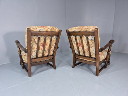 2 Ercol Cloister Lounge Chairs Dark Elm Frame Floral Upholstery 70s EB10987 VCAR12