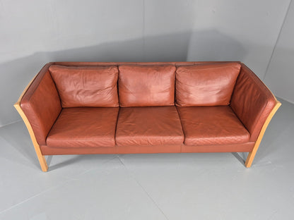 Vintage Stouby 3 Seat Sofa Reddy Brown Leather Beech Wood Slat EndsEB10525 M3SS4