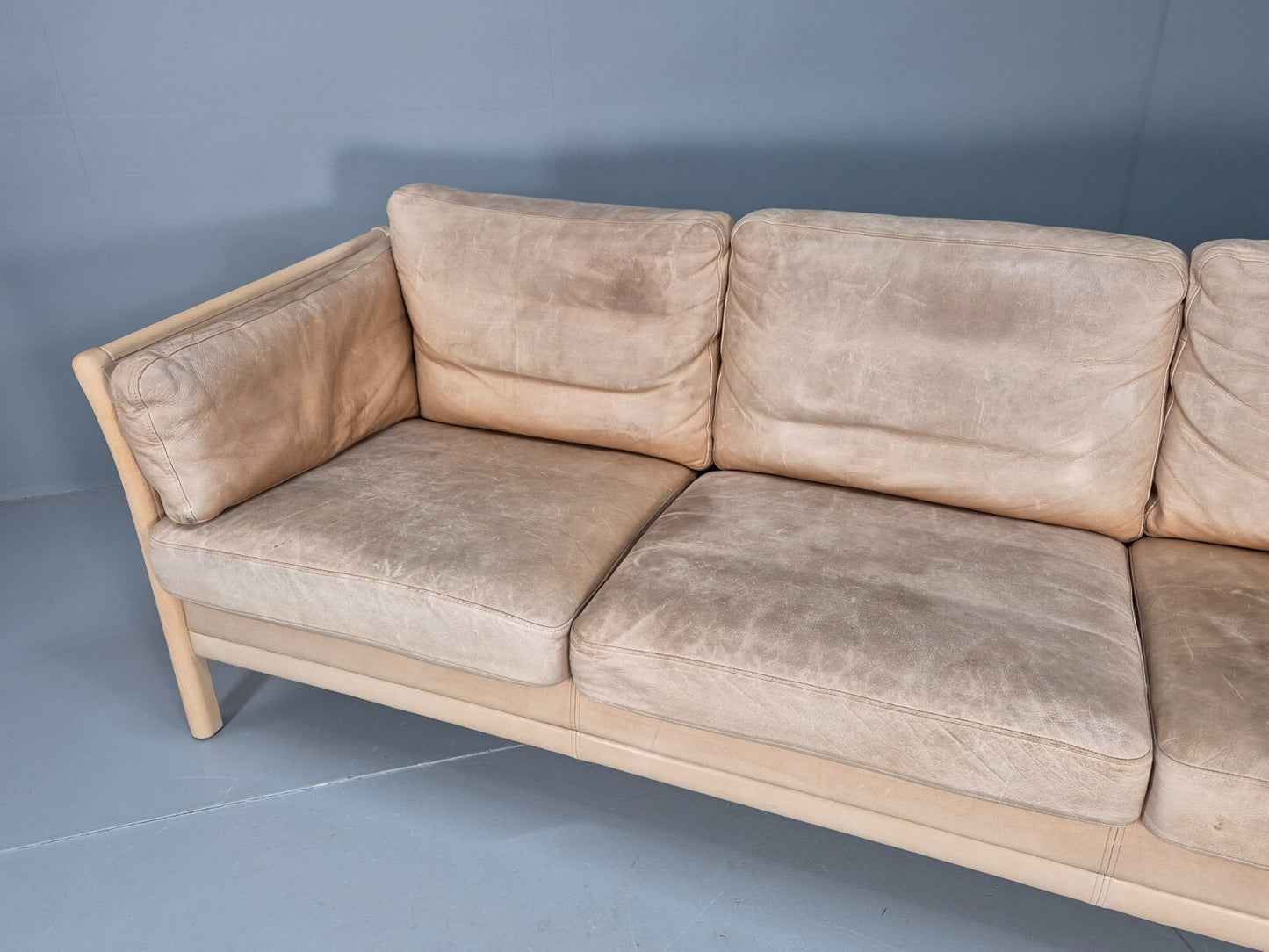 Vintage danish Tan Leather 3 Seat Sofa Wooden Ends Mogens Hansen MCM EB9083 M3SS - UKDK FURNITURE