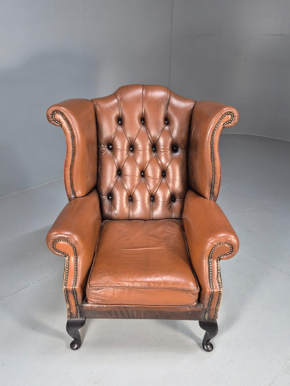 Vintage Leather Wingback Queen Anne Chair Brown 1980s Retro EB9543 VLEA - UKDK FURNITURE
