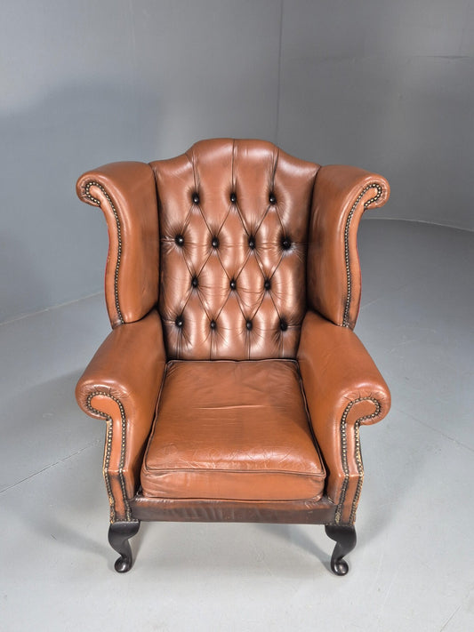 Vintage Leather Wingback Queen Anne Chair Brown 1980s Retro EB9543 VLEA - UKDK FURNITURE